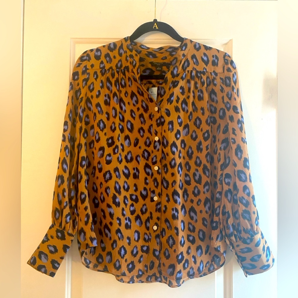 New Ann Taylor Bronze and Blue Blouse with Cuffed Sleeves and Mandarin Collar